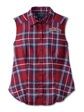 Harley-Davidson Red Navy Plaid Sleeveless Button-Front Tank